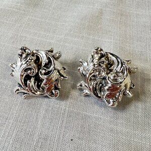 Vintage Whiting and Davis Silver Tone Fancy Leaf Scroll Clip On Earrings